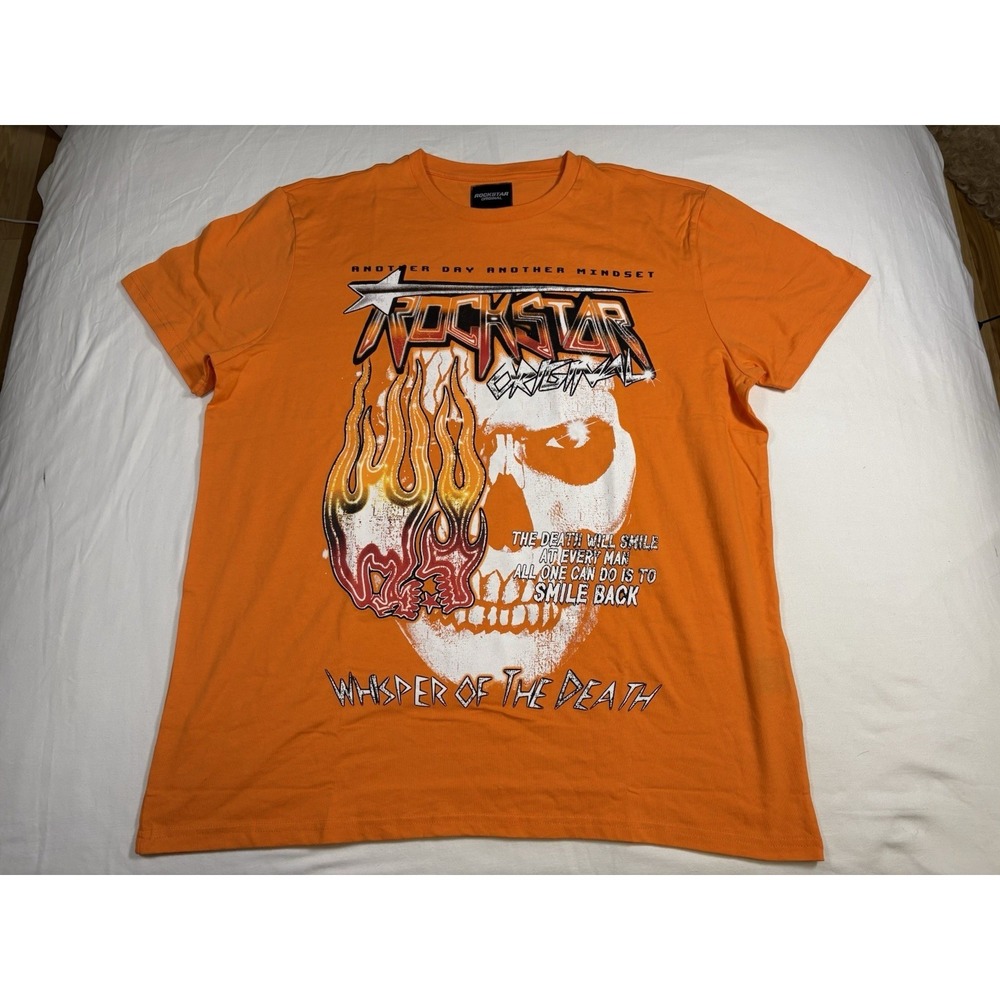 Rockstar Original Men's XXL Orange Graphic T-Shirt Double Sided Skull Flame